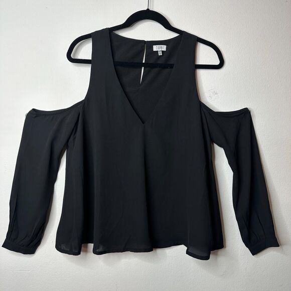 Tobi Black Cold Shoulder Long Sleeve Flowy V-Neck Keyhole Back Blouse M - Picture 14 of 15